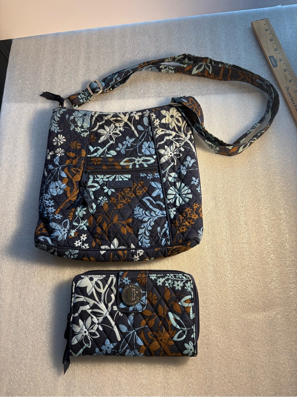 Vera Bradley Quilted Floral Crossbody and Wallet - Navy, Brown, Light Blue